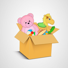 Canvas Print - Colorful toys in a brown box for kids.