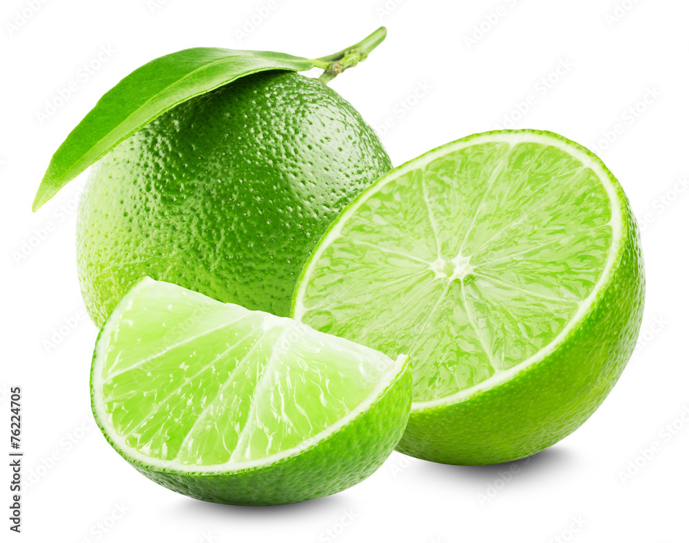 Lime with slice and leaf isolated on white background - obrazy, fototapety, plakaty 