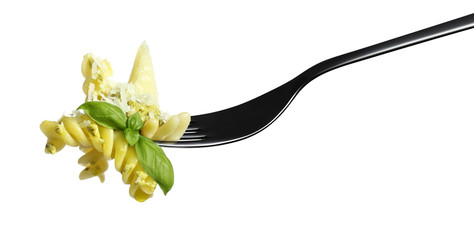 fork pasta fusilli pesto sauce, basil parmesan pine nuts