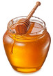 Glass can full of honey and wooden stick in it. Clipping paths.