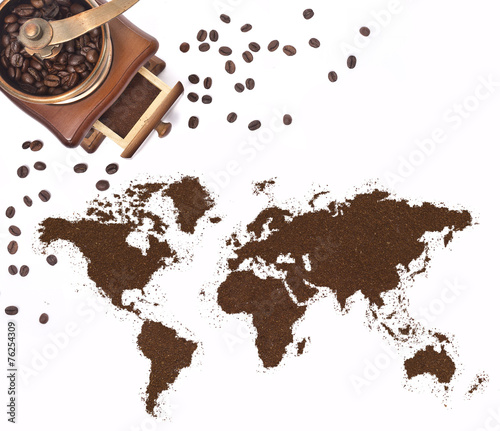 Fototapeta do kuchni Coffee powder in the shape of the world and a coffee mill.(serie