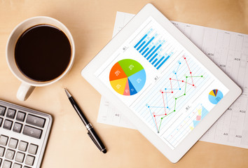 Wall Mural - tablet pc shows charts on screen with a cup of coffee on a desk
