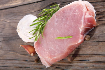 Wall Mural - Raw pork chops on wooden cutting board.