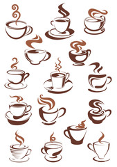 Sticker - Brown cups of coffee, cappuccino, espresso, latte or chocolate