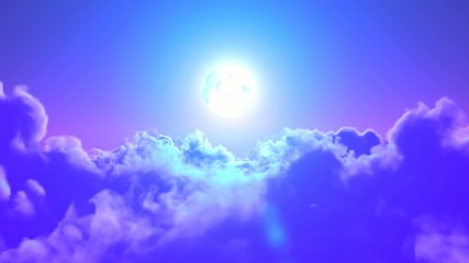 Wall Mural - Night flight over the clouds to the moon, 3d animation. loop, 4K