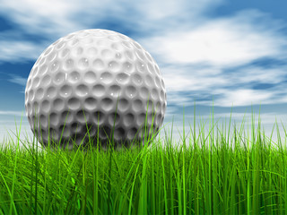 Wall Mural - White golf ball in grass and sky