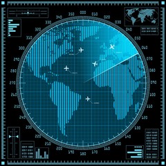Leinwandbilder - Blue radar screen with planes and world map
