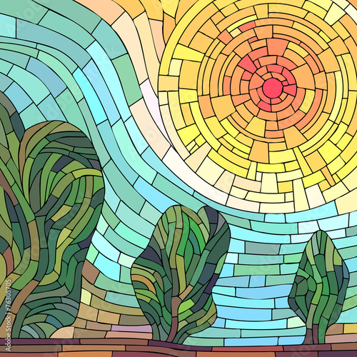 kwadratowej-mozaiki-abstrakcjonistyczny-czerwony-slonce-z-drzewami