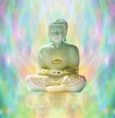 Canvas Print - Buddha in peaceful meditation on rainbow colored energy formation background