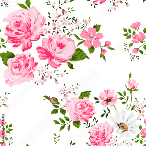 Cotton fabric Nahtlose Muster mit rosa Rosen und Kamille.