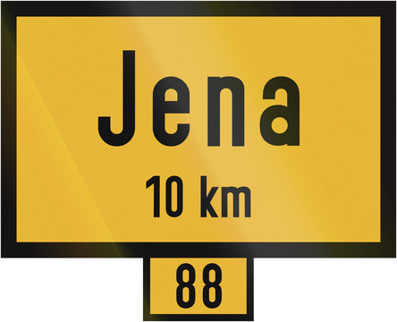 Old design (1956) of a sign telling the distance to the city of Jena on the federal road number 88. The text means: To Jena 10 km