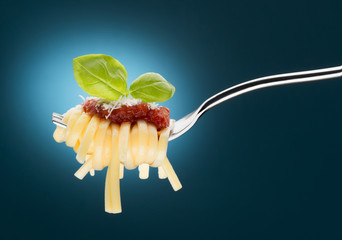 fork with spaghetti and tomato sauce