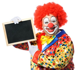 Wall Mural - Clown with blank board isolated on white