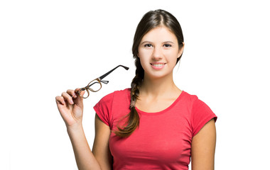 Wall Mural - Young teacher holding her glasses