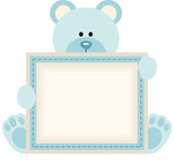 Cute teddy bear holding blank sign for baby boy announcement