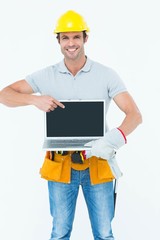 Poster - Happy carpenter holding laptop