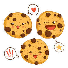 Group of three cute kawaii cookies.