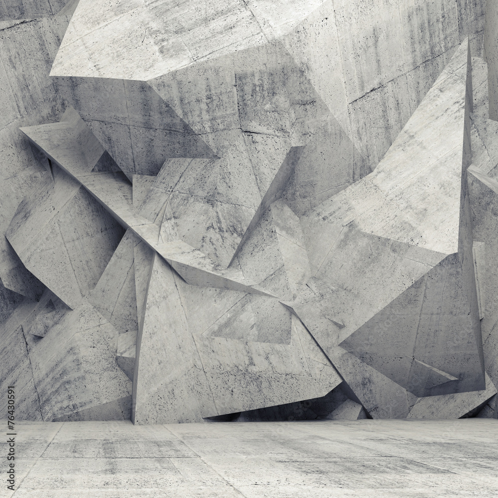 Empty gray concrete 3d interior with chaotic polygonal wall - obrazy, fototapety, plakaty 