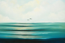 Beautiful Blue Ocean And A Couple Of Flying Birds. Oil Painting