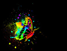 Rainbow Ink Butterfly On Black Background. Vector