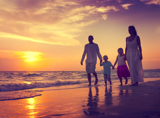 Sticker - Family Walking Beach Sunset Travel Holiday Concept