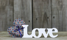 The Word Love With Blue Calico Fabric Heart