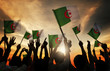 Silhouettes People Holding Flag Algeria Concept