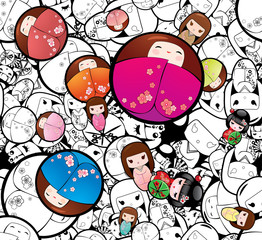 Wall Mural - Vector seamless background with japanese kokeshi dolls