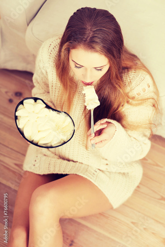 Fotografie, Obraz Depressed woman eating big bowl of ice creams