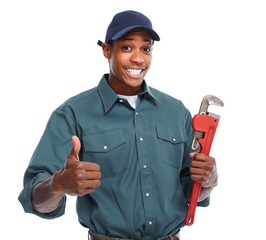 Sticker - Plumber with wrench isolated white background.