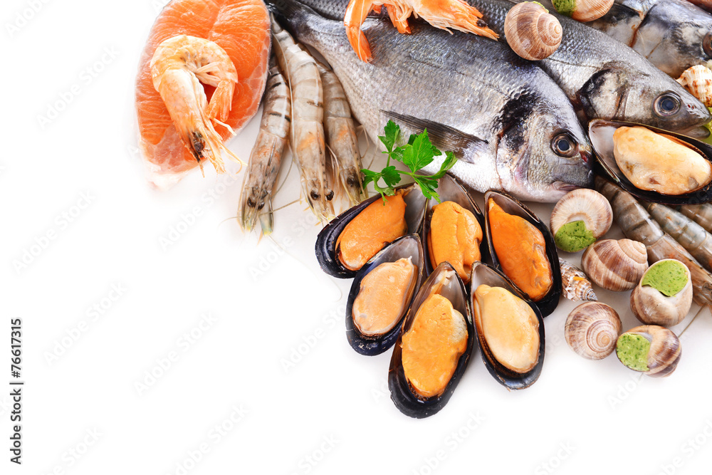 Fresh fish and other seafood isolated on white