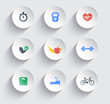 fitness, health, gym trendy color icons on circles with shadow