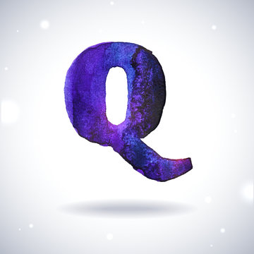Watercolor letter Q with shadow on bokeh background