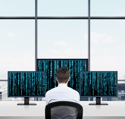 Poster - businessman looking to matrix
