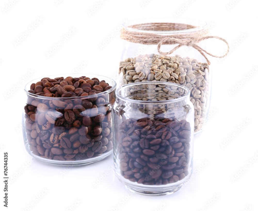 Coffee beans in glass jars isolated on white