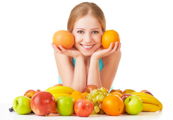 Wall Mural - happy girl and healthy vegetarian food, fruit Isolated