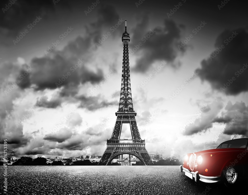 Effel Tower, Paris, France and retro red car. Black and white - obrazy, fototapety, plakaty 