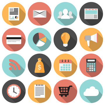 Flat round business and marketing web icons set