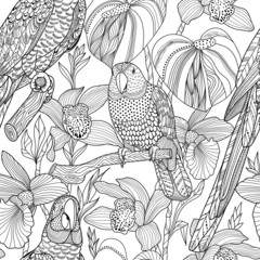 Sticker - Parrots and tropical flowers. Vector seamless pattern