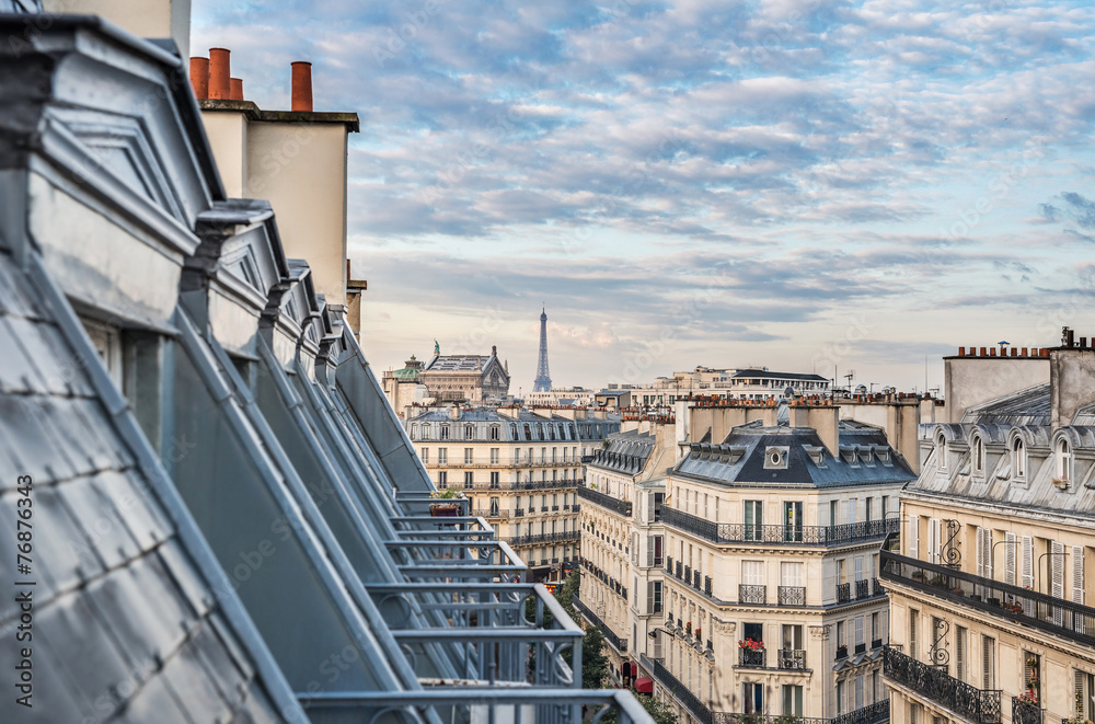 Roofs of Paris with Eiffel Tower in background - obrazy, fototapety, plakaty 