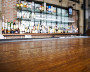 Top wooden table with Bar Blur Background