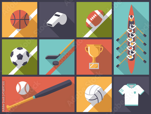 Fotografiet Team Sports Flat Design Icons Vector Illustration