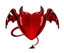 Glossy Devil Red Heart With Horns, Wings And Tail
