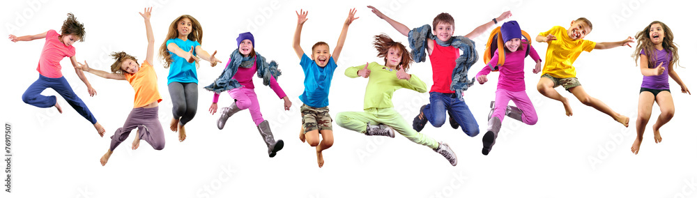 group of happy sportive children jumping - obrazy, fototapety, plakaty 