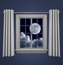 Full Moon In Night Sky Shining Through A Bedroom Window