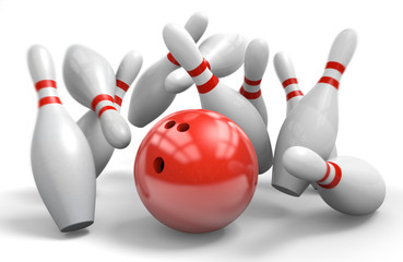 Wall Mural - Red bowling ball knocking over pins in a perfect strike