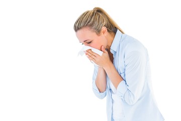 Poster - Pretty blonde blowing nose on tissue