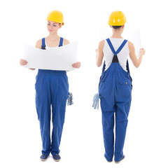 front and back view of woman builder in blue coveralls holding b