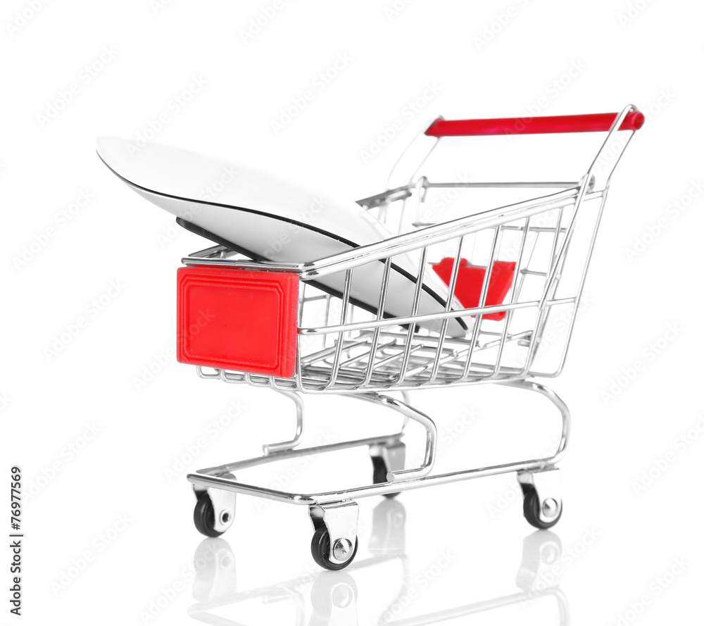 Small shopping cart with computer mouse isolated on white