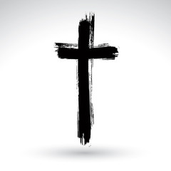 hand drawn black grunge cross icon, simple christian cross sign,